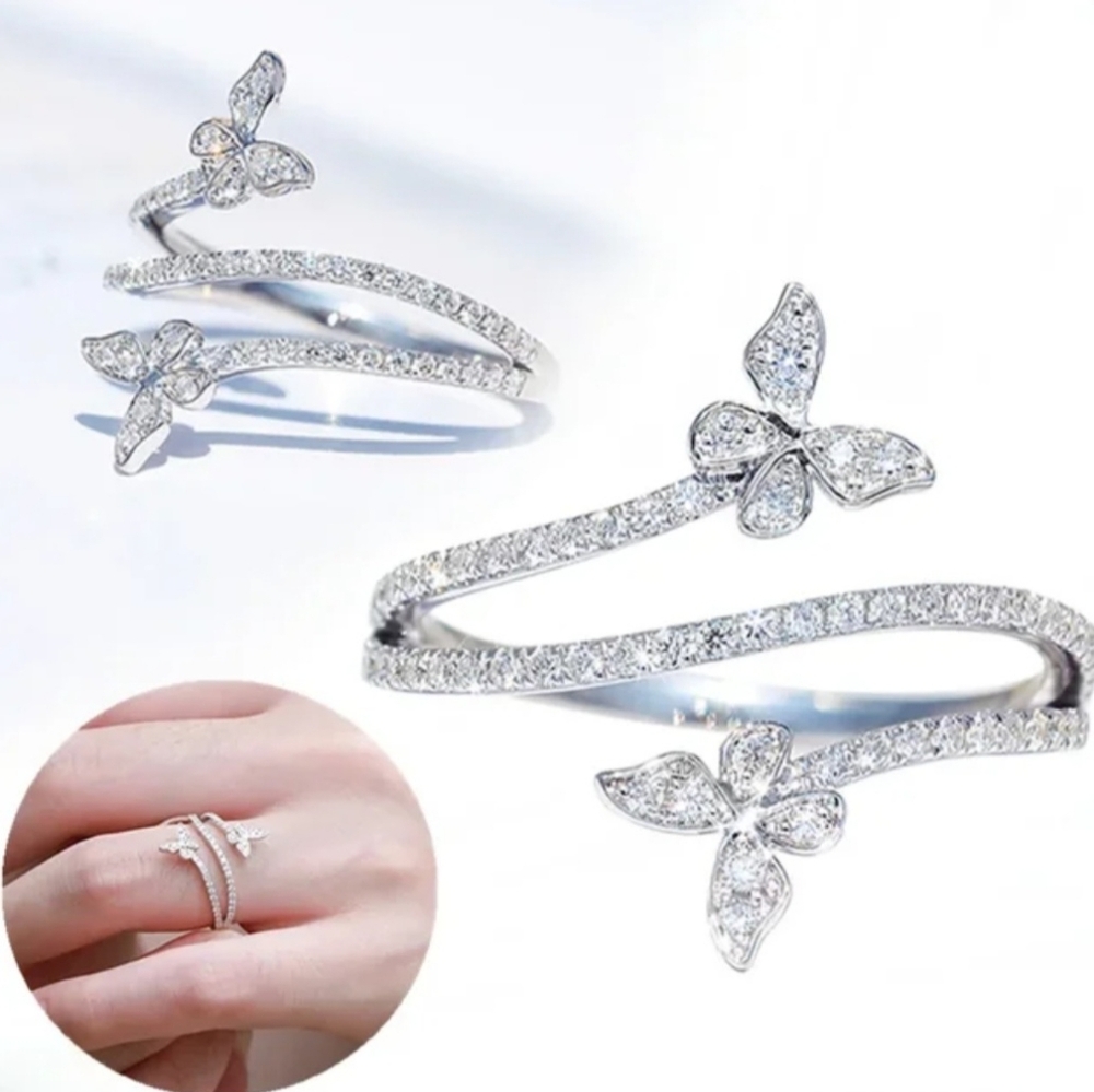 🎆Beautiful Sterling Silver 925 Shimmering Crystal Butterfly Wrap Ring Size 8